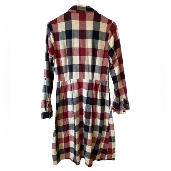 ModCloth Plaid Shirt Dress Medium | Button Front Fit & Flare Pockets Red Blue - Picture 4 of 10
